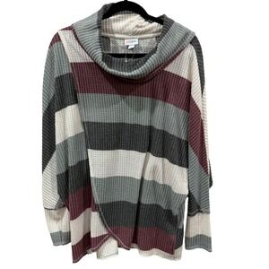 LuLaRoe Burgundy Grey White Striped Waffle Knit Cowl Neck‎ Pullover Top L